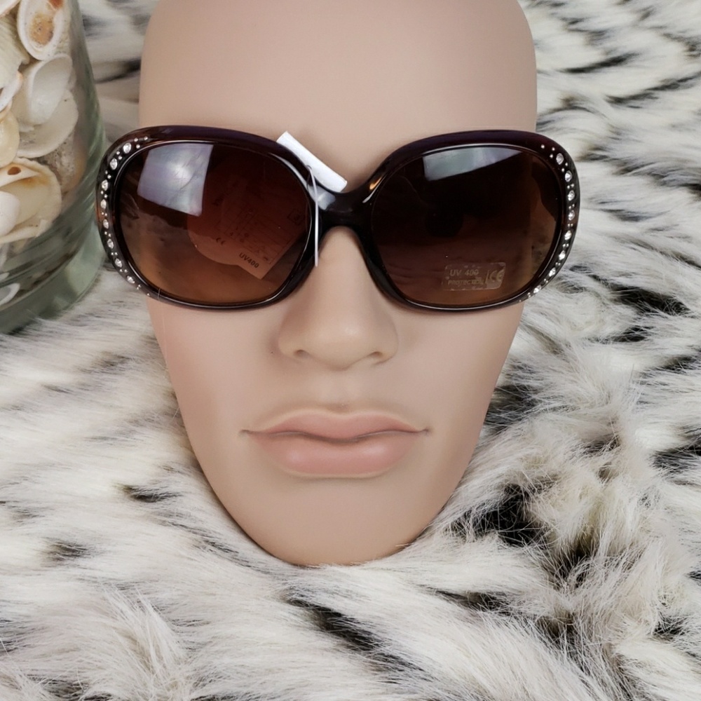 Rhinestone Brown Animal Print Large Lens Sunglasse - Picture 3 of 8